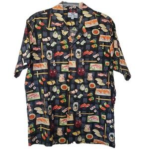 Locals Only Mens Sushi Print Camp Shirt Black Short Sleeve Button Down Size M